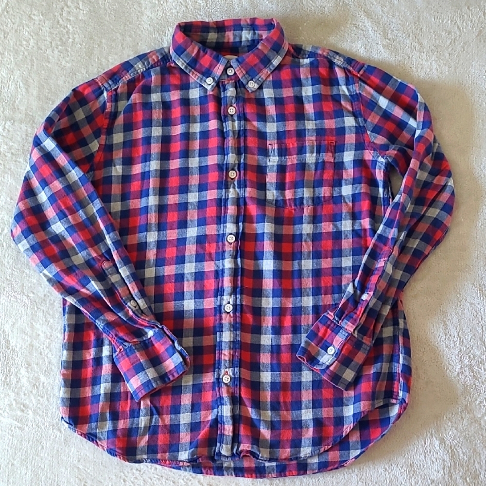 Crewcuts Boys Size 12 Button Down Shirt Red Blue Plaid Flannel Casual Preppy